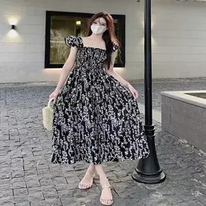 여자 플라워 바캉스 해변 스모크밴딩 스퀘어넥 원피스 (KYR-WFHMEXV)