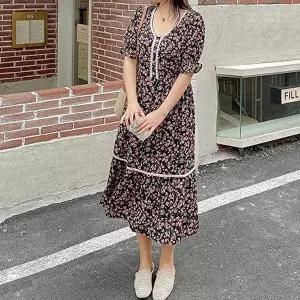 플라워 패턴 여성 봄 쉬폰 롱원피스 허리밴딩 반팔 (KYR-WDDB1FB)