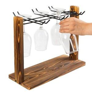 엑소리리 러스틱 와인 잔 걸이 선반 횃불 갈색 나무 매트 블랙 금속 와이어 6슬롯 음용 유리 제품 홀더 샴페인 플룻 카운터 상단 테이블탑 건조 주방 바 식탁을 표시합니다