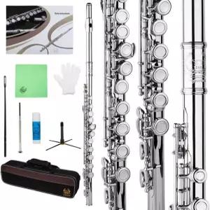 리듬 C 플루트와 꽃이 새겨진 16개의 열쇠 플루트 학생용 스탠드 초보자용 휴대용 케이스 청소 키트 장갑
