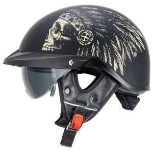 VCOROS 하프 헬멧 모터사이클 VHF04 오픈 페이스 선바이저 퀵 릴리스 버클 조절 가능 DOT 사이클링 레트로 크루저 파일럿 (매트 인디언, S)