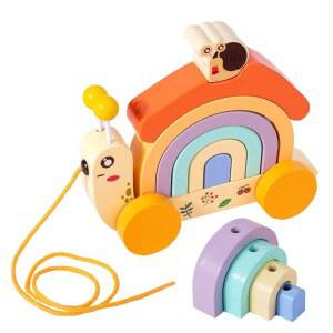 탈부착 가능한 컬러풀 스태커가 있는 나무 밀어서 당기는 달팽이 장난감, 바퀴가 달린 팽이 무지개 스태커 - 연습을 파악하고 손으로 눈을 조정하는 운동 기술을 개발하는 데 이상적입니다