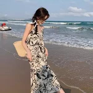 여성 여름 나시 수묵화 플라워 패턴 브이넥 롱원피스 (KYR-WFHDH0D)