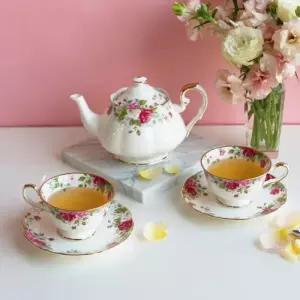 한국도자기 명절 엄마 찻잔 선물 로즈 커피 티팟 2인 세트 7p