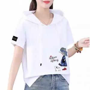 여름용 프린트 반팔 후드 티셔츠