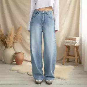 여성 일상용 와이드핏 연청 데님팬츠