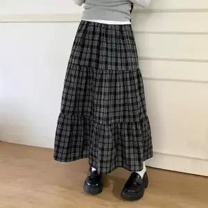 [하프클럽/]여성 체크 편안한 내추럴 데일리 면 롱스커트