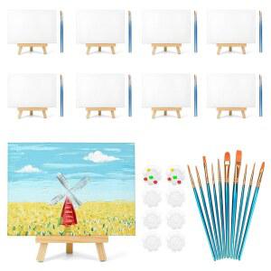 8팩 8x10 회화용 캔버스 보드, 9.5인치 이젤로 캔버스, 붓 10개와 페인트 트레이 2개가 포함된 아트 페인팅 키트, 청소년용 아크릴 붓기 유화 수채화 선물 u2026