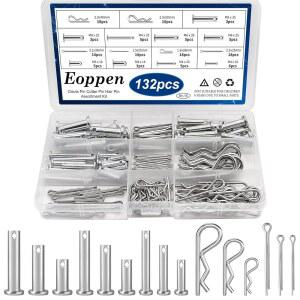Eoppen 132피스 클레비스 핀 코터 헤어 모음 키트 - 304 스테인리스 스틸 15가지 사이즈 및 R 클립 아연 도금 싱글 홀 플랫 헤드