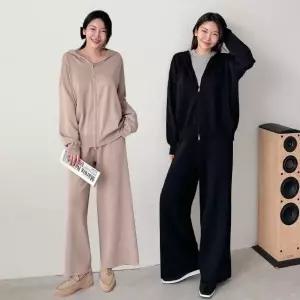 여성 봄 가을 니트 후드집업 와이드팬츠 세트 투피스 꾸안꾸 셋업 PST0248S 빅사이즈 루즈핏