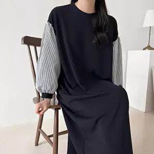 [신상오픈런]|KSO5972|여성 스트라이프 퍼프 소매 배색 리본 롱 원피스 빅사이즈