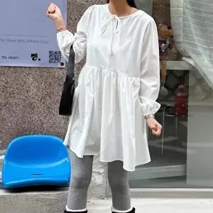 [신상오픈런]|CSO596A|여성 봄 간절기 리본 장식 라운드넥 셔링 미니 드레스