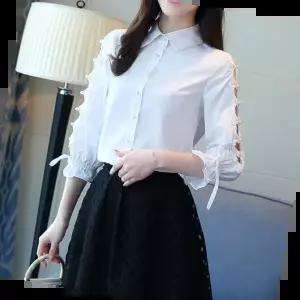 데일리룩 간절기 여성 레이스 자수장식 소매 7부 블라우스 셔츠