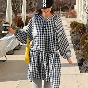 [하프클럽/]여자 러블리 고방 블랙 플레어 퍼프 체크 미니원피스