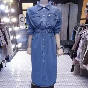여성 셔츠 남방 허리 데님 루즈핏 원피스 긴 조절 롱 (KYR-WFGDJEJ)