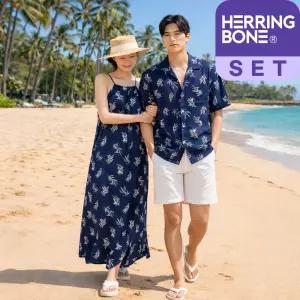 커플 보태니컬 리프 하와이안 반팔 셔츠 롱 홀터넥  원피스 세트 시밀러룩 HI192 NJ105
