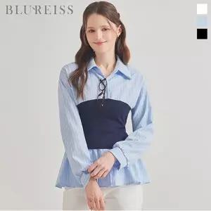 [블루레이스] 슬림 라인 배색 줄지 블라우스_B6S1BL5381