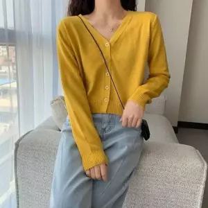 [라일리여성의류] Rly 일상 숏탑 브이컷 멀티컬러 유니크 클로징니트가디