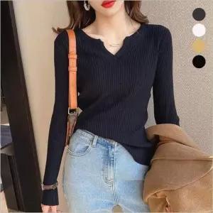 여자 브이넥 슬릿트임 슬림핏 이너티 긴팔 골지니트