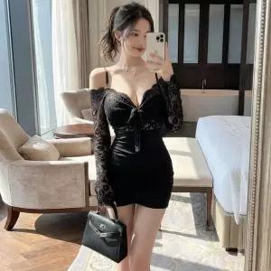 [하프클럽/]여자 레이스 오프숄더 끈 슬림 미니원피스