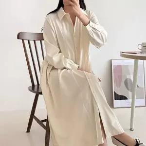 CSO5960여성 간절기 카라넥 퍼프 롱원피스 77사이즈 셔링 디자인