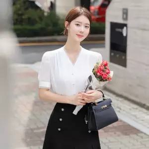 [시크라인] 자웨 오간자 트리밍 퍼프 슬리브 블라우스