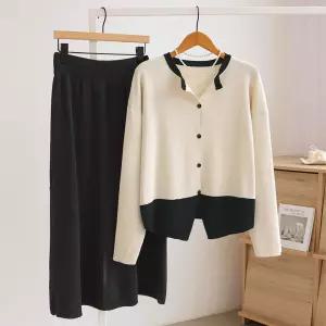 [잇수다] 헨젤 배색 니트 가디건 + 밴딩 롱 스커트 세트