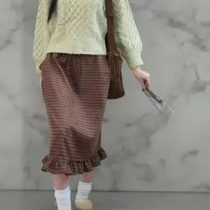 여성 겨울 프릴 A라인 밴딩 체크 신축성 롱치마