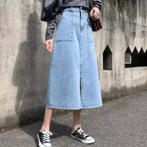 밑단 트임 뒷밴딩 데님 롱 스커트 A라인 패션 청치마 롱스커트