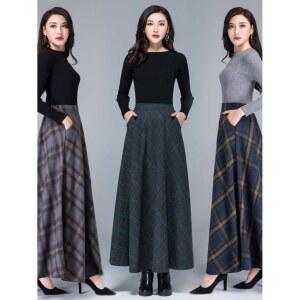 스판롱스커트 무늬 니트 모직스커트 짧은 컬러 웨스트 후리아치마 혼방 검은색 밑단 여성