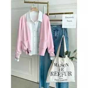 [하프클럽/샵앤]여성 Y배색 단추 간절기 4컬러 니트 가디건 DGB-WCD-4304-핑크