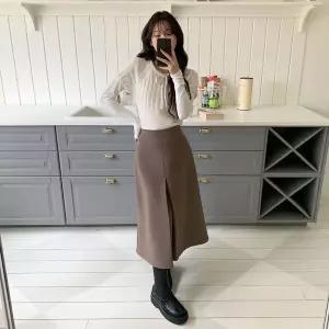 [하프클럽/]여성 앞주름 뒷밴드 폴리스판 기모 롱스커트