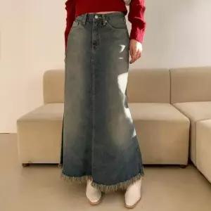 고품질 데님 밑단 플스커트 플레어스커트 롱스커트 수술 (WFKL1RU)