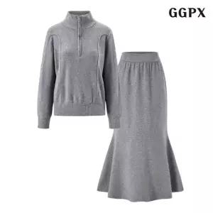 [GGPX]반집업 하이넥 니트 플레어 스커트 셋업 (GQAOW006D)