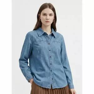 [하프클럽/샵앤]여성 카라넥 페미닌 A라인 소프트 언발 데님 셔츠 NARU-WBL-2104