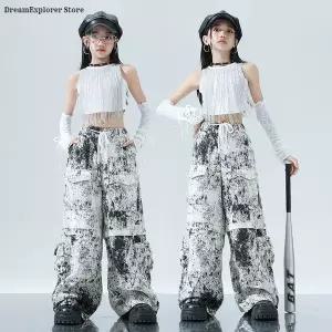 댄스복 방송 아이돌 무대 의상 용 K팝 패션 크롭탑 스트릿 댄스 루즈핏 스플래시 잉크 카고 팬츠 아동 힙합