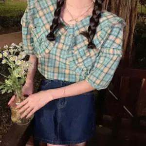 여름티셔츠 데이트룩 귀엽고 러블리 체크페턴 민트색 블라우스