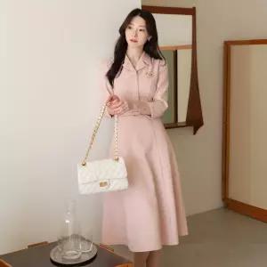 [시크라인] (~XXL까지) 디누 핑크 트위드 벨트 플레어 원피스 봄 가을 하객룩 오피스룩 모임룩 격식룩 빅사이즈