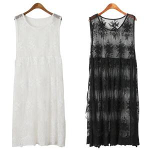 망사꽃레이스 에이프런 나시원피스 시스루 레이어드 민소매 롱조끼 베스트