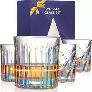 아오신 스피닝 위스키 잔 세트 4 10온스 올드 패션 이리데센트 버번 스카치 칵테일 럼 코냑 보드카 주류