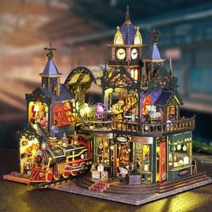 메리페트 스팀펑크 기차역 DIY 미니어처 하우스 키트 u2013 빅토리아 판타지 레일트랙 팬텀 시티 인형의 집 우드 3D 퍼즐 작은 책 Nook 크리스마스 생일