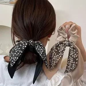 (다올)이중 리본 실크 스카프 머리끈 플라워 패턴 곱창 밴드