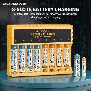 PUJIMAX 8베이 노란색  검정색 스마트 배터리 충전기(1.2V NiMH AAA/AA 충전식 배터리용 완전 충전 후 녹색
