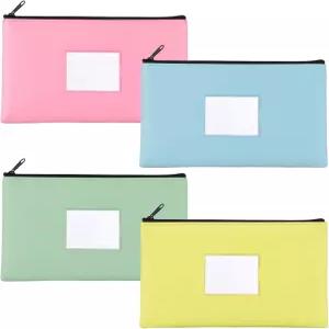 지퍼가 달린 4팩 은행 입금 머니백 동전 지폐 화장품 도구 라벨이 있는 PU 가죽 현금 지갑 파우치 11 x 6.5