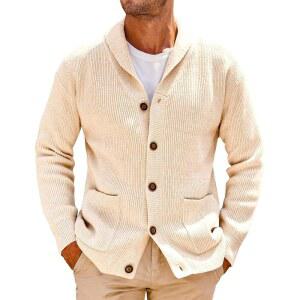 런카티 남성 숄 칼라 가디건 스웨터 케이블 니트 버튼 다운 겨울 청키 주머니 포함