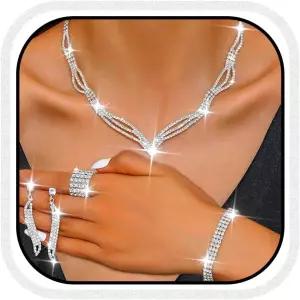 유니크라 라인스톤 신부 결혼식 주얼리 세트 블랙 목걸이 귀걸이 반지 프롬 공식 의상 여성 및 신부를 위한