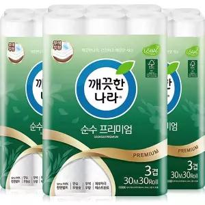 깨끗한나라 순수 프리미엄 3겹 30m 30롤 3팩 (90롤)
