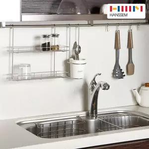 주방 악세사리 행거레일 3종 세트 설거지 스텐 2단선반 식기건조대 컵걸이 수저통 싱크대 상부장