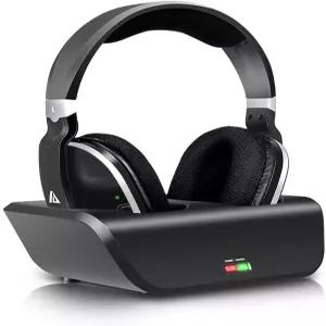 모노딜 무선 TV 헤드폰 충전 도크가 있는 시청용 오버이어 헤드셋 2.4GHz RF 송신기 100피트 범위 및