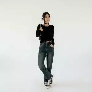 여성용 사계절 신축성 워싱 슬림 배기핏 청바지